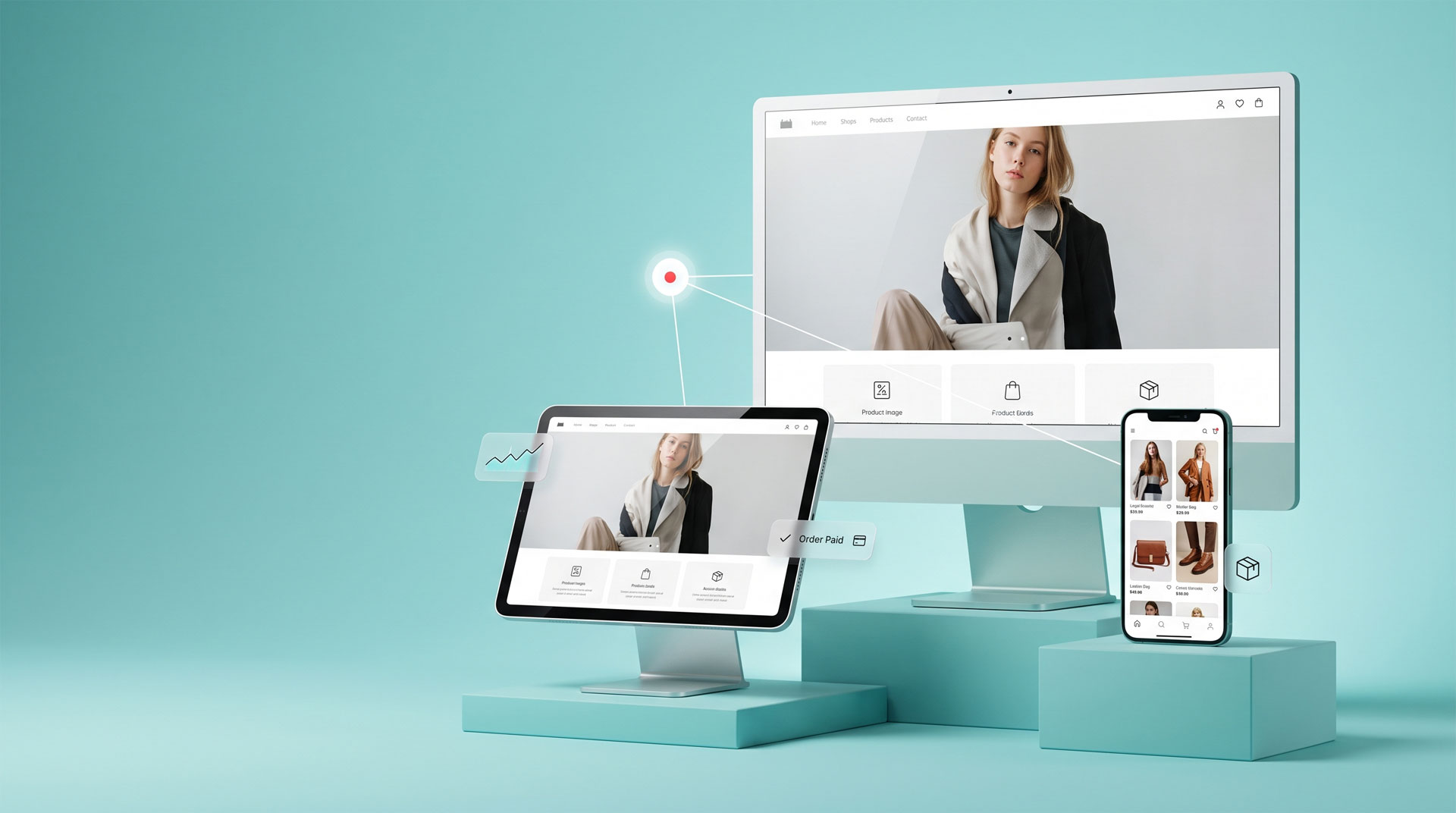 Ноутбук с витриной магазина, монитор с админкой и терминал с кодом платформы